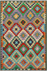 Flat Weave Kilim Antique Navaho Vintage handmade Geometric Kilim Rust Green Hand-Woven Rectangle 100% Wool Area Rug 4x6